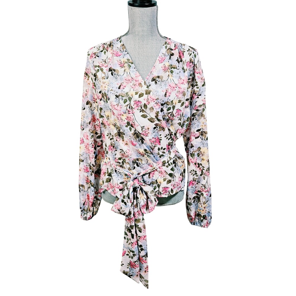 Lane Bryant White Pink Floral Wrap Tie Waist Blouse 14/L Cottagecore Garden Top